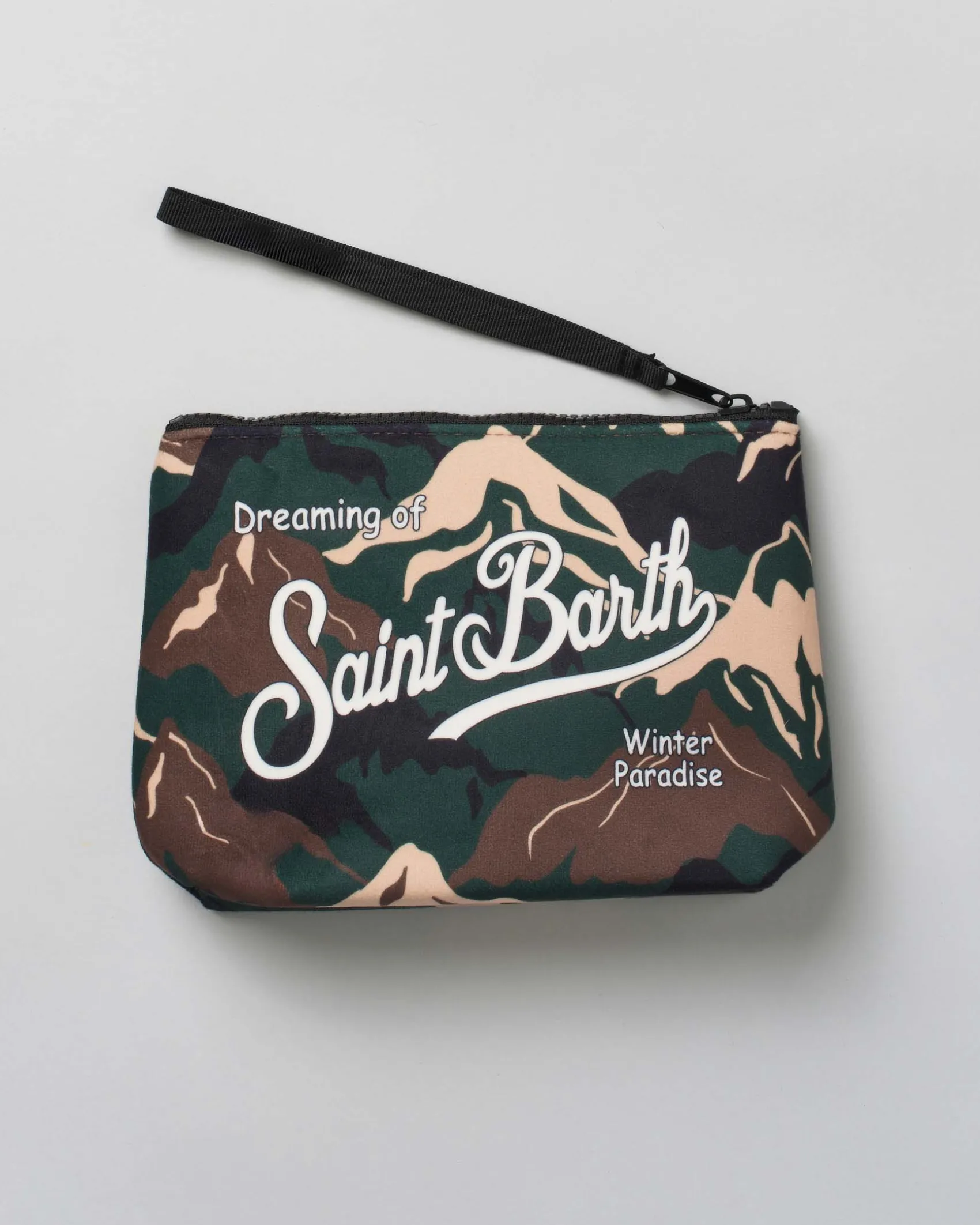 Pochette Aline in tessuto effetto lana a fantasia montagne camouflage con logo bianco
