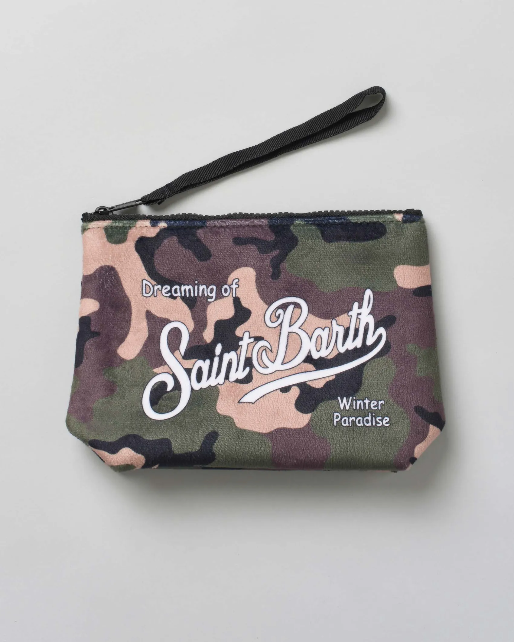 Pochette Aline in tessuto effetto lana a fantasia camouflage con logo bianco