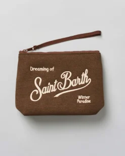 Pochette Aline marrone in tessuto a effetto lana con logo panna ricamato fronte e retro