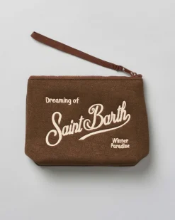 Pochette Aline marrone in tessuto a effetto lana con logo panna ricamato fronte e retro