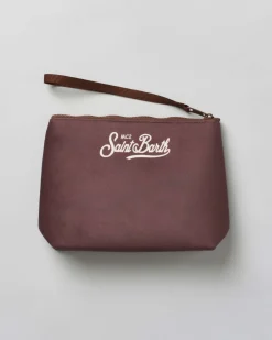 Pochette Aline marrone in tessuto effetto lana con grafica fuoristrada e scritta you can't buy class!