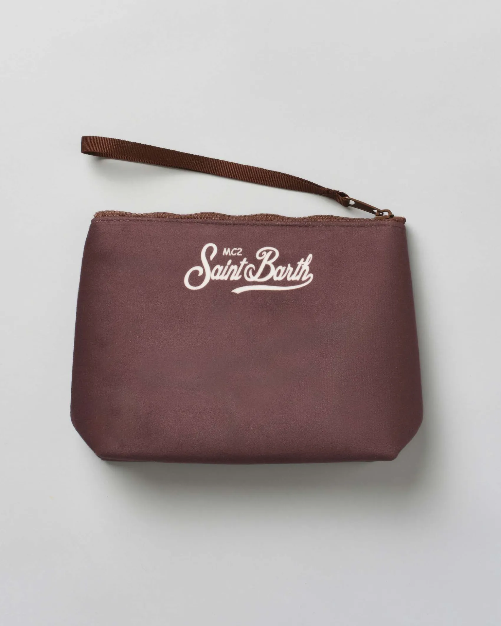 Pochette Aline marrone in tessuto effetto lana con grafica fuoristrada e scritta you can't buy class!