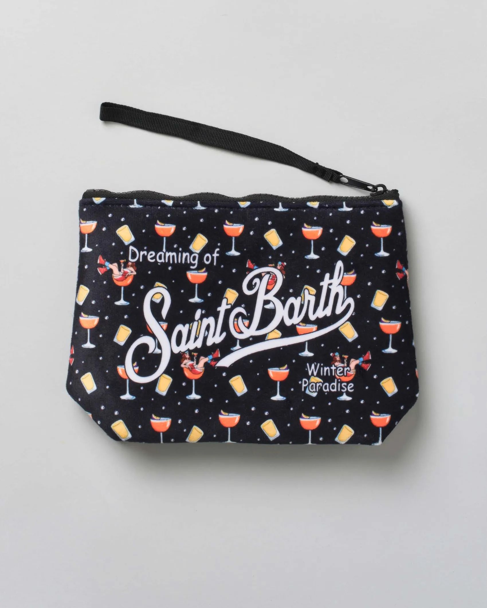 Pochette Aline nera in tessuto effetto lana con stampa grafica drink lady