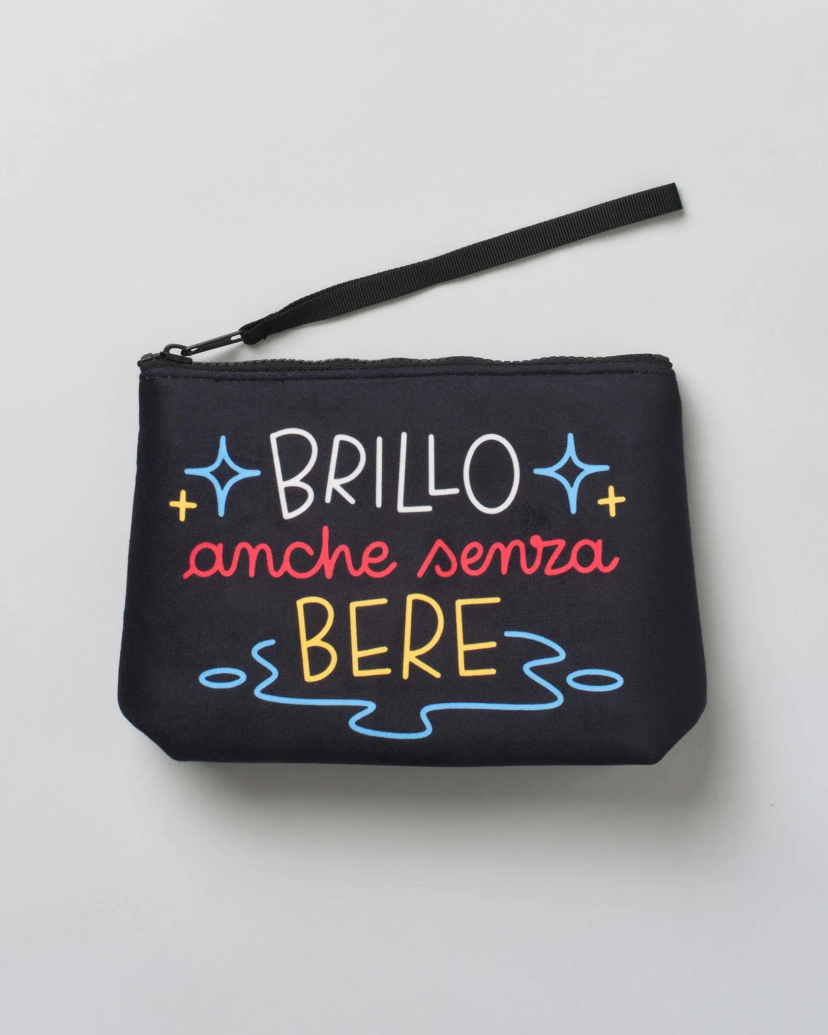 Pochette Aline nera in tessuto effetto lana con scritta Brillo anche senza bere