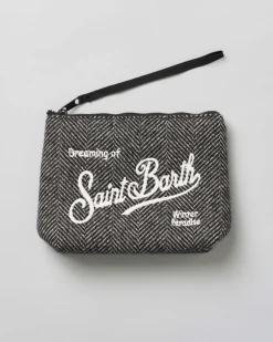 Pochette Aline nera in tessuto a effetto lana chevron con logo bianco ricamato fronte e retro