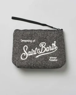 Pochette Aline nera in tessuto a effetto lana chevron con logo bianco ricamato fronte e retro
