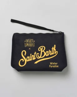 Pochette Aline nera in tessuto effetto lana con scritta A Capodanno Faccio Danno