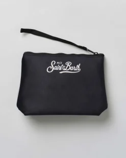 Pochette Aline nera in tessuto effetto lana con scritta Vip Club Cortina
