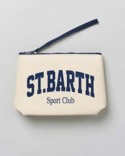 Pochette Aline panna in tessuto effetto lana con stampa scritta St.Barth Sport Club