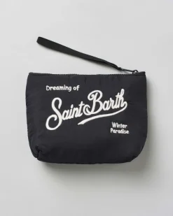 Pochette Aline Puffer nera in nylon impermeabile con logo bianco ricamato fronte e retro