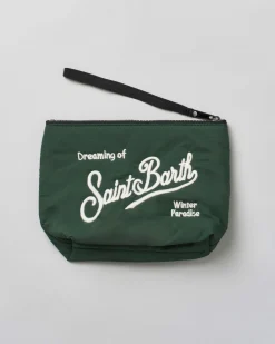 Pochette Aline Puffer verde in nylon impermeabile con logo bianco ricamato fronte e retro