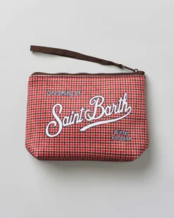 Pochette Aline rossa e marrone in tessuto a effetto lana a fantasia check e pied de poule con logo bianco stampato fronte e retro