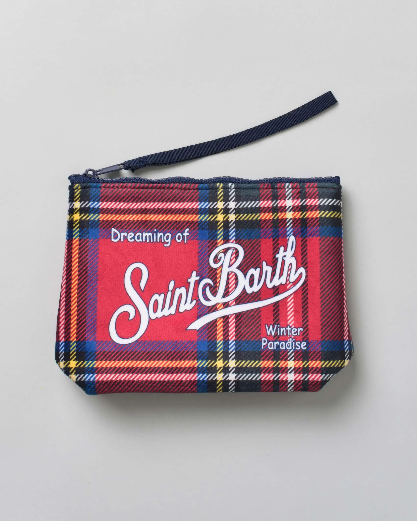Pochette Aline rossa in tessuto a effetto lana tartan check con logo bianco stampato fronte e retro