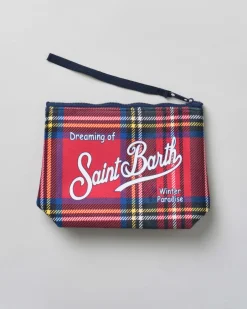 Pochette Aline rossa in tessuto a effetto lana tartan check con logo bianco stampato fronte e retro