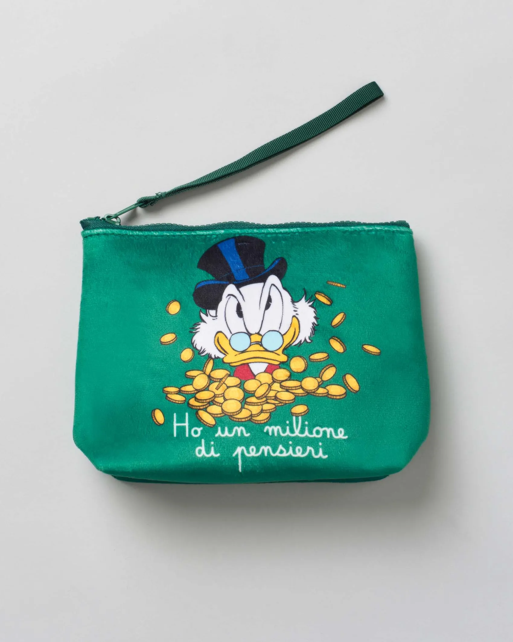 Pochette Aline verde in tessuto effetto lana con grafica Paperon de Paperoni