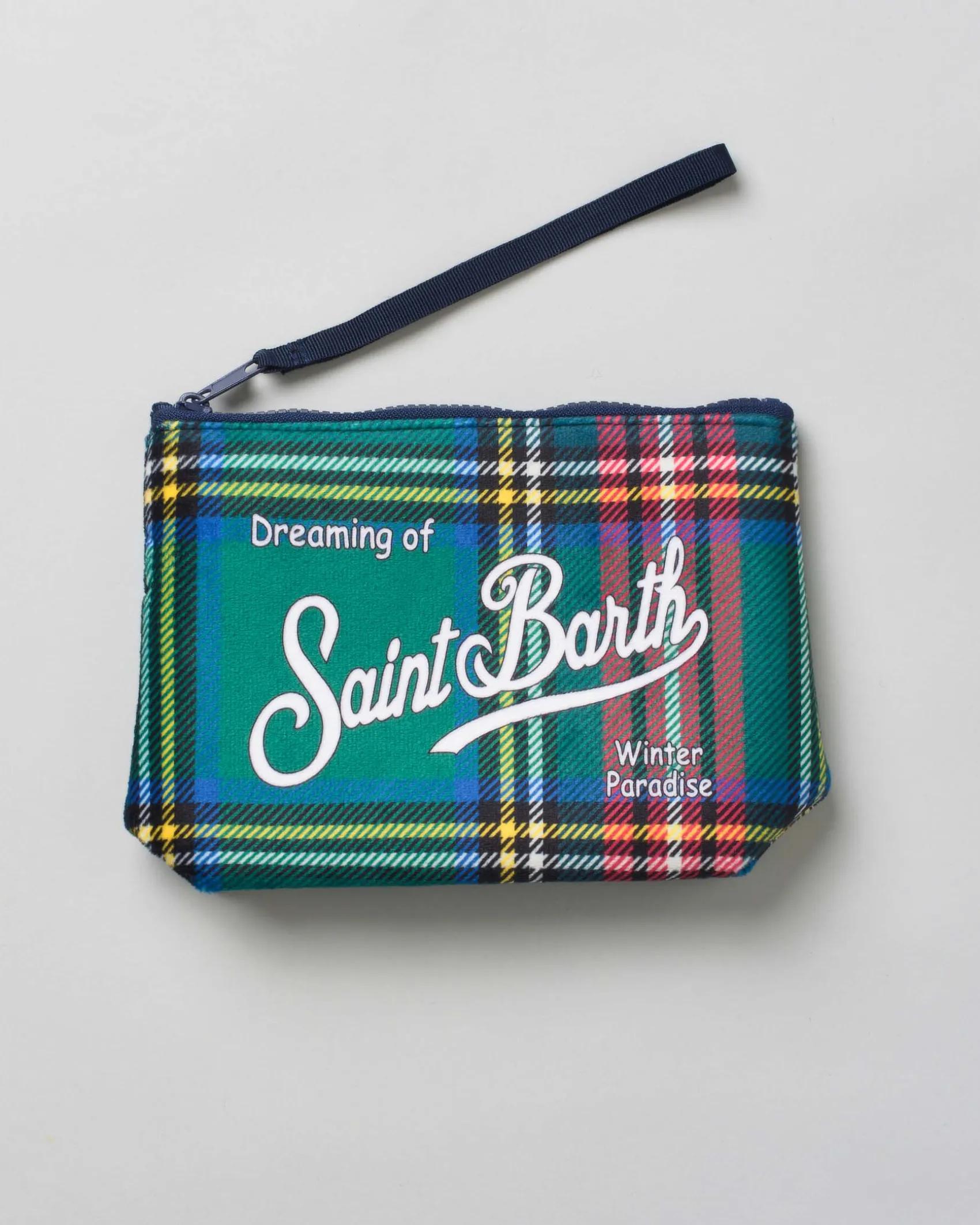Pochette Aline verde in tessuto a effetto lana tartan check con logo bianco stampato fronte e retro