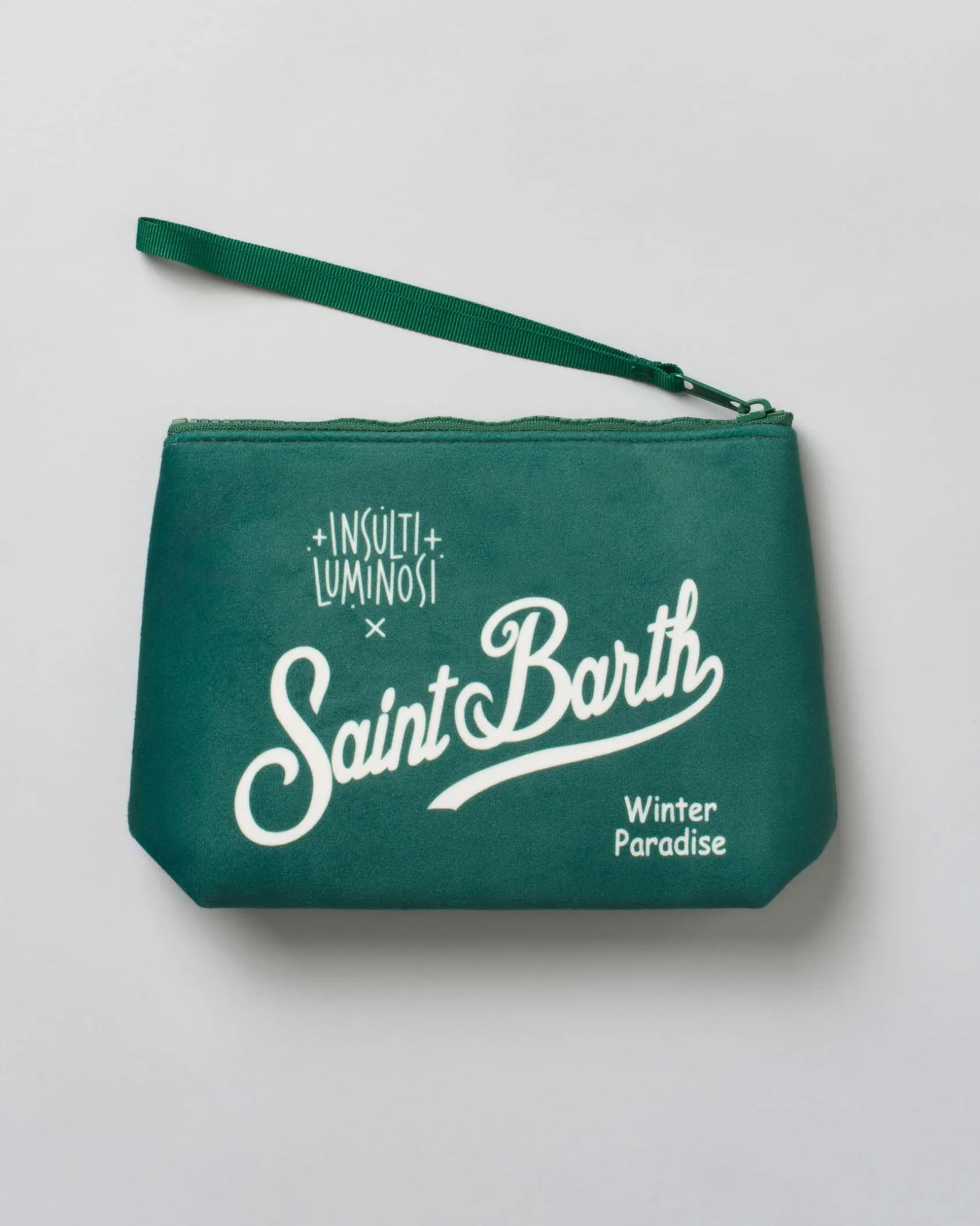 Pochette Aline verde in tessuto effetto lana con scritta Vecchio Lupo (delle nevi)