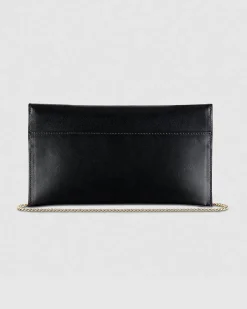 Pochette in pelle nera Patrizia Pepe con tracolla a catena removibile e logo Fly dorata