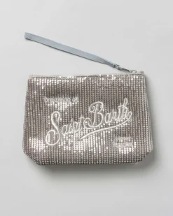Pochette MC2 Saint Barth argento in paillettes all over con scritta logo ricamata a contrasto di colore