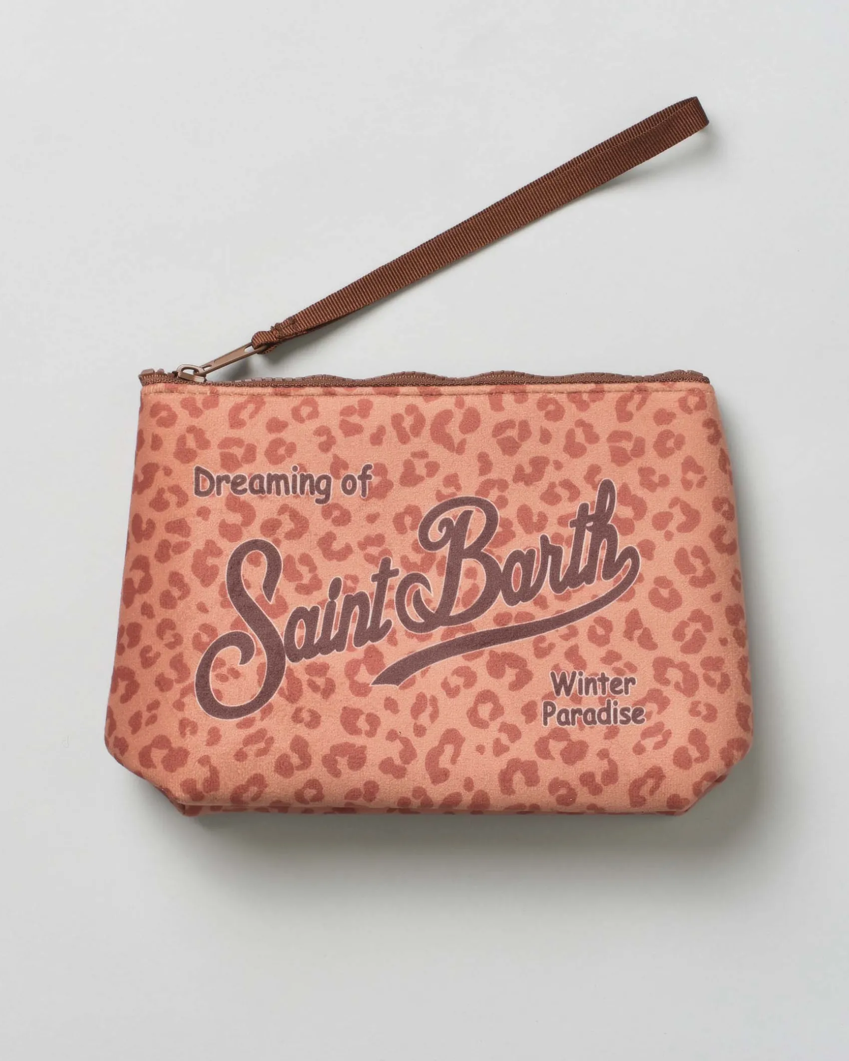 Pochette MC2 Saint Barth a fantasia animalier color cuoio effetto scuba con scritta logo stampata