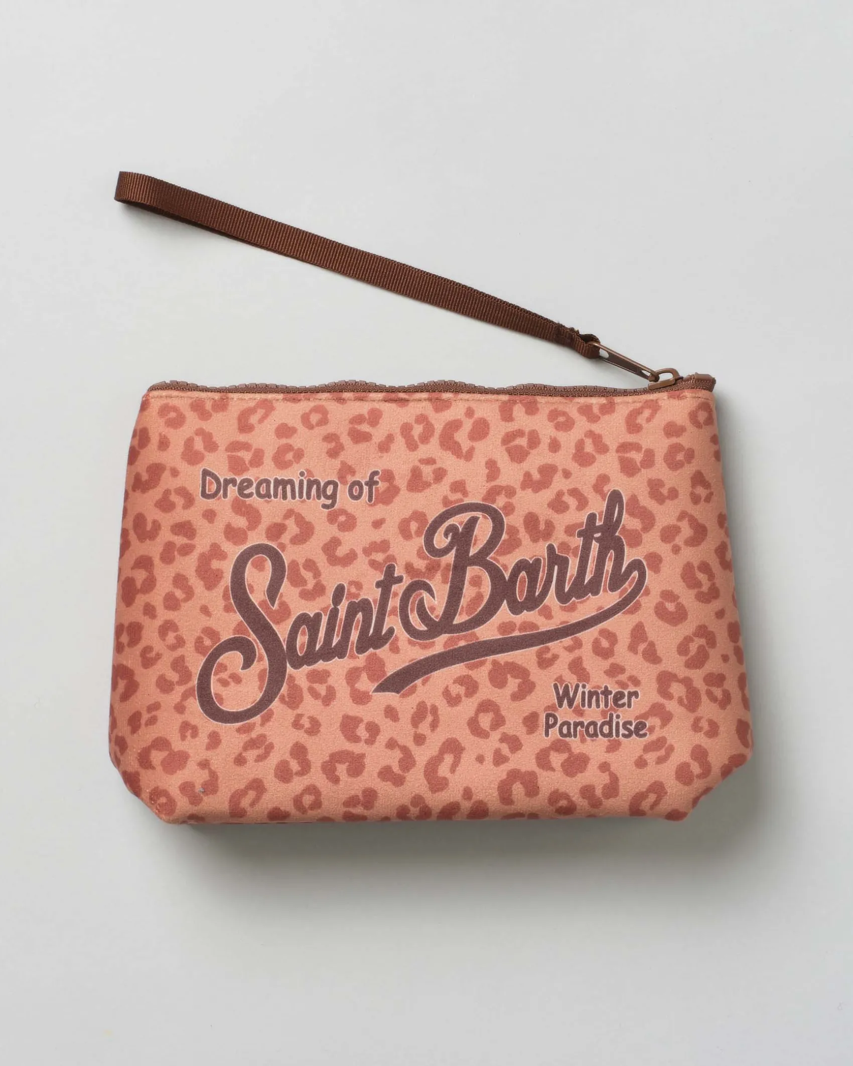 Pochette MC2 Saint Barth a fantasia animalier color cuoio effetto scuba con scritta logo stampata