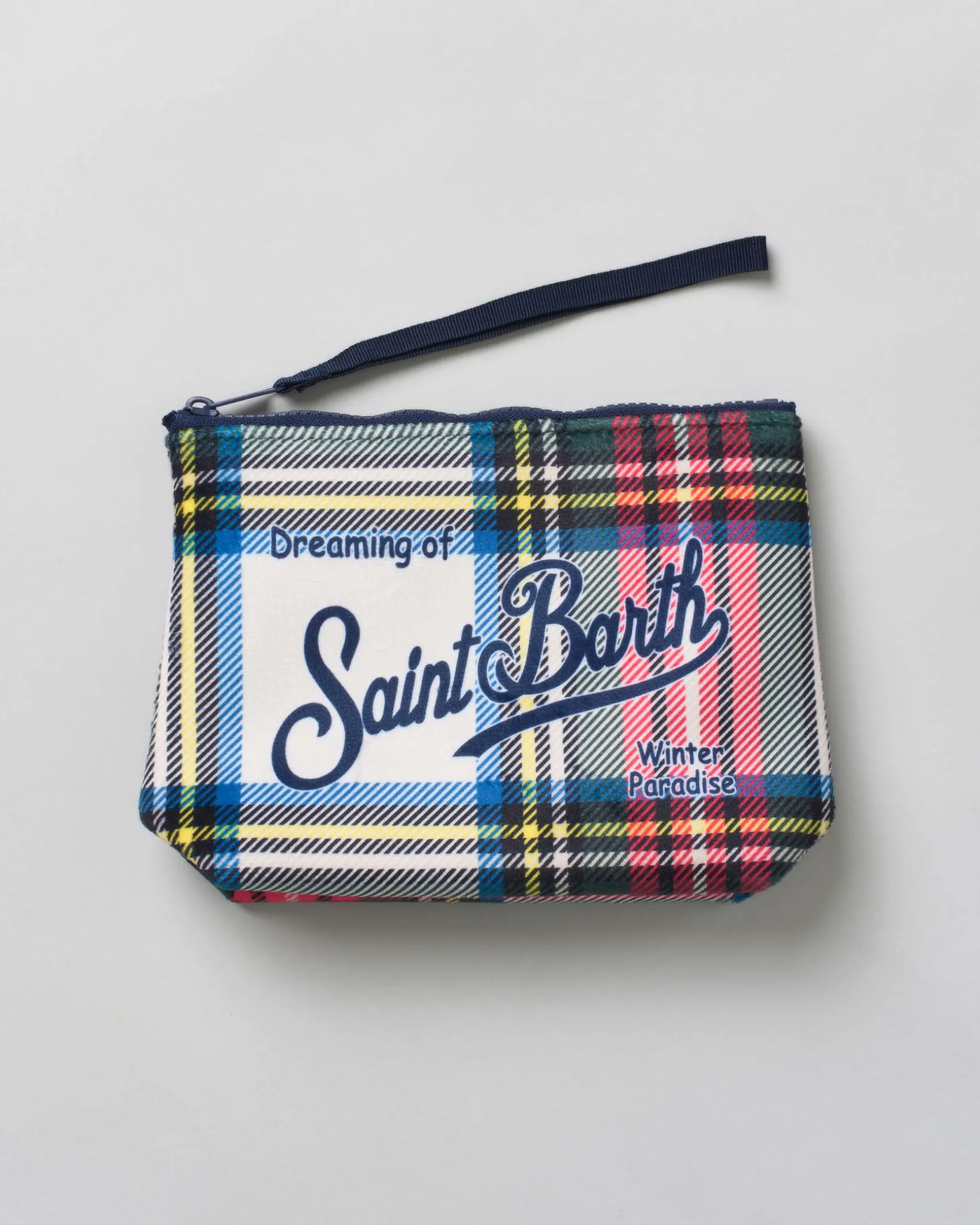 Pochette MC2 Saint Barth bianca a stampa tartan con scritta logo bianca stampata fronte e retro