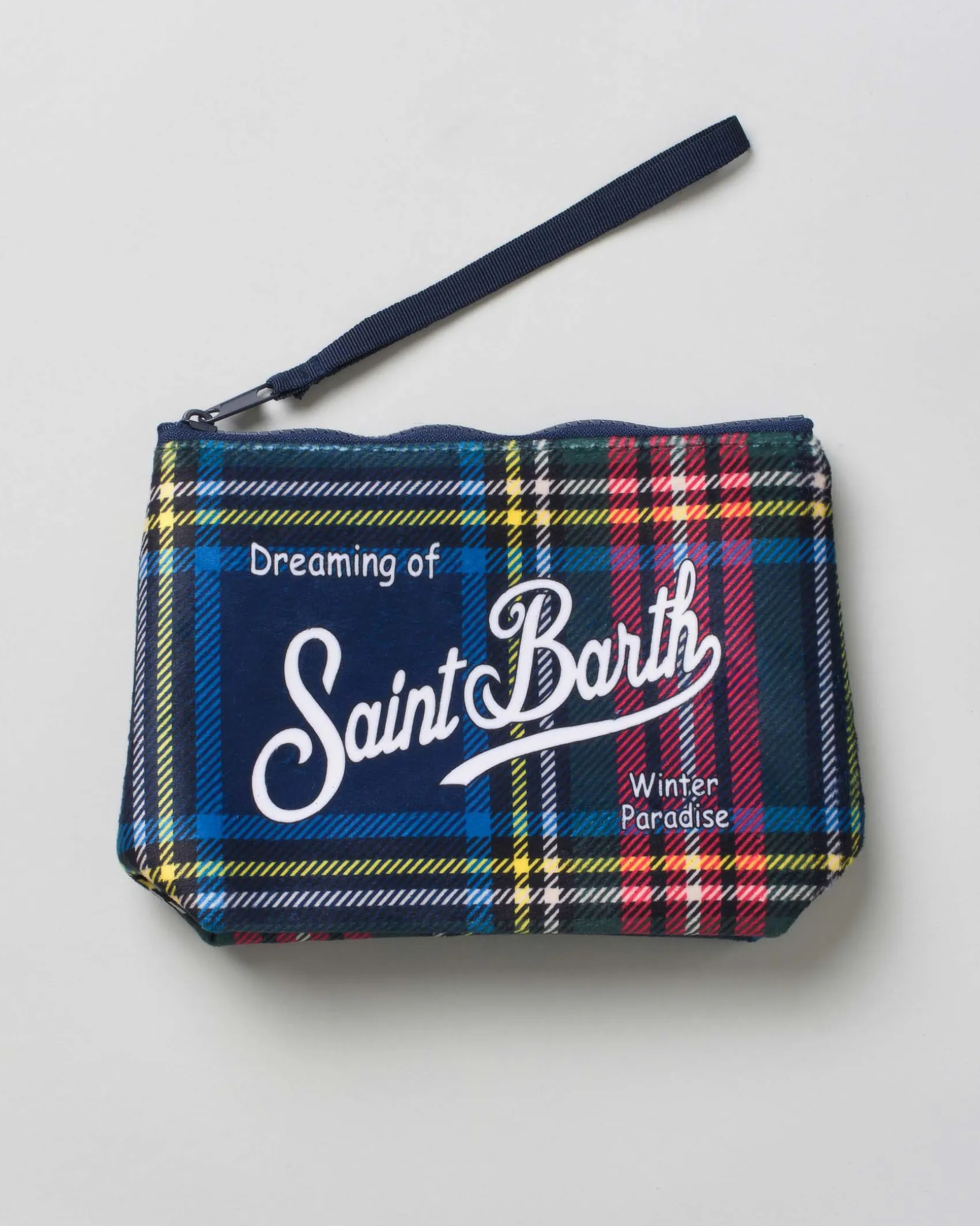 Pochette MC2 Saint Barth blu a stampa tartan con scritta logo bianca stampata fronte e retro