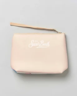 Pochette MC2 Saint Barth beige effetto scuba con paesaggio sciistico e scritta Courma