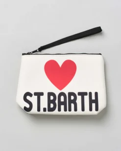 Pochette MC2 Saint Barth bianca effetto scuba con scritta St. Barth e cuore stampati