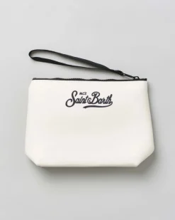 Pochette MC2 Saint Barth bianca effetto scuba con scritta St. Barth e cuore stampati
