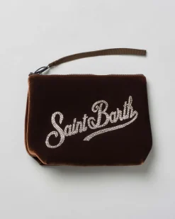 Pochette MC2 Saint Barth marrone in velluco con scritta logo in strass applicati
