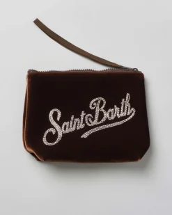 Pochette MC2 Saint Barth marrone in velluco con scritta logo in strass applicati