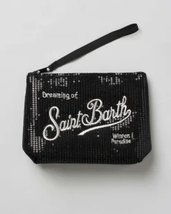 Pochette MC2 Saint Barth nera in paillettes all over con scritta logo ricamata a contrasto di colore