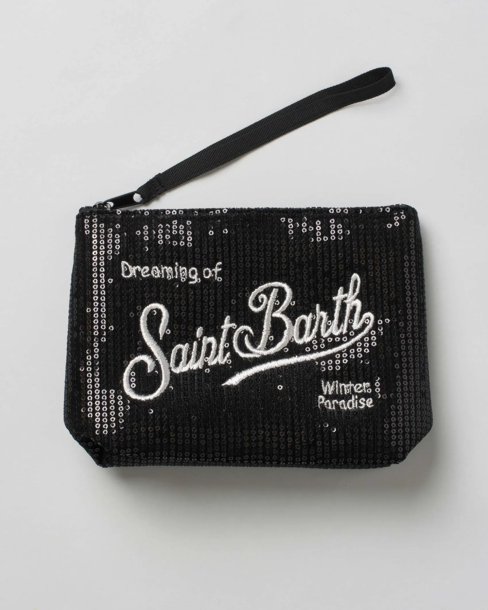 Pochette MC2 Saint Barth nera in paillettes all over con scritta logo ricamata a contrasto di colore