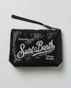 Pochette MC2 Saint Barth nera in paillettes all over con scritta logo ricamata a contrasto di colore