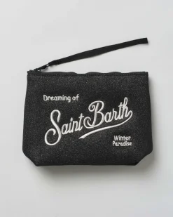Pochette MC2 Saint Barth nera in tessuto di lurex con scritta logo ricamata a contrasto di colore