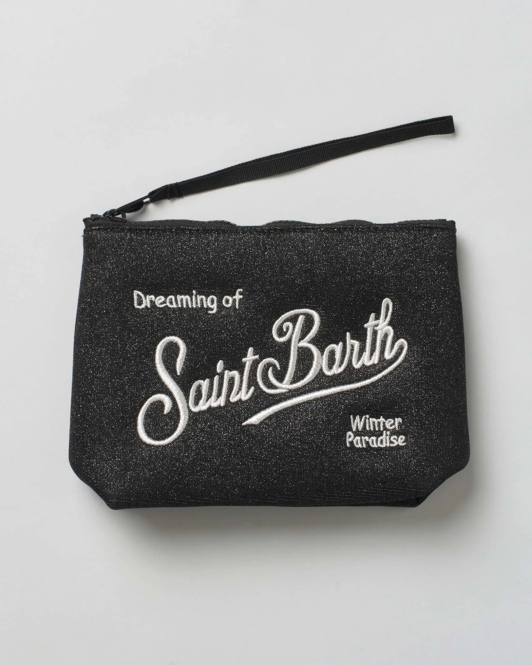 Pochette MC2 Saint Barth nera in tessuto di lurex con scritta logo ricamata a contrasto di colore