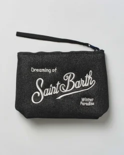Pochette MC2 Saint Barth nera in tessuto di lurex con scritta logo ricamata a contrasto di colore