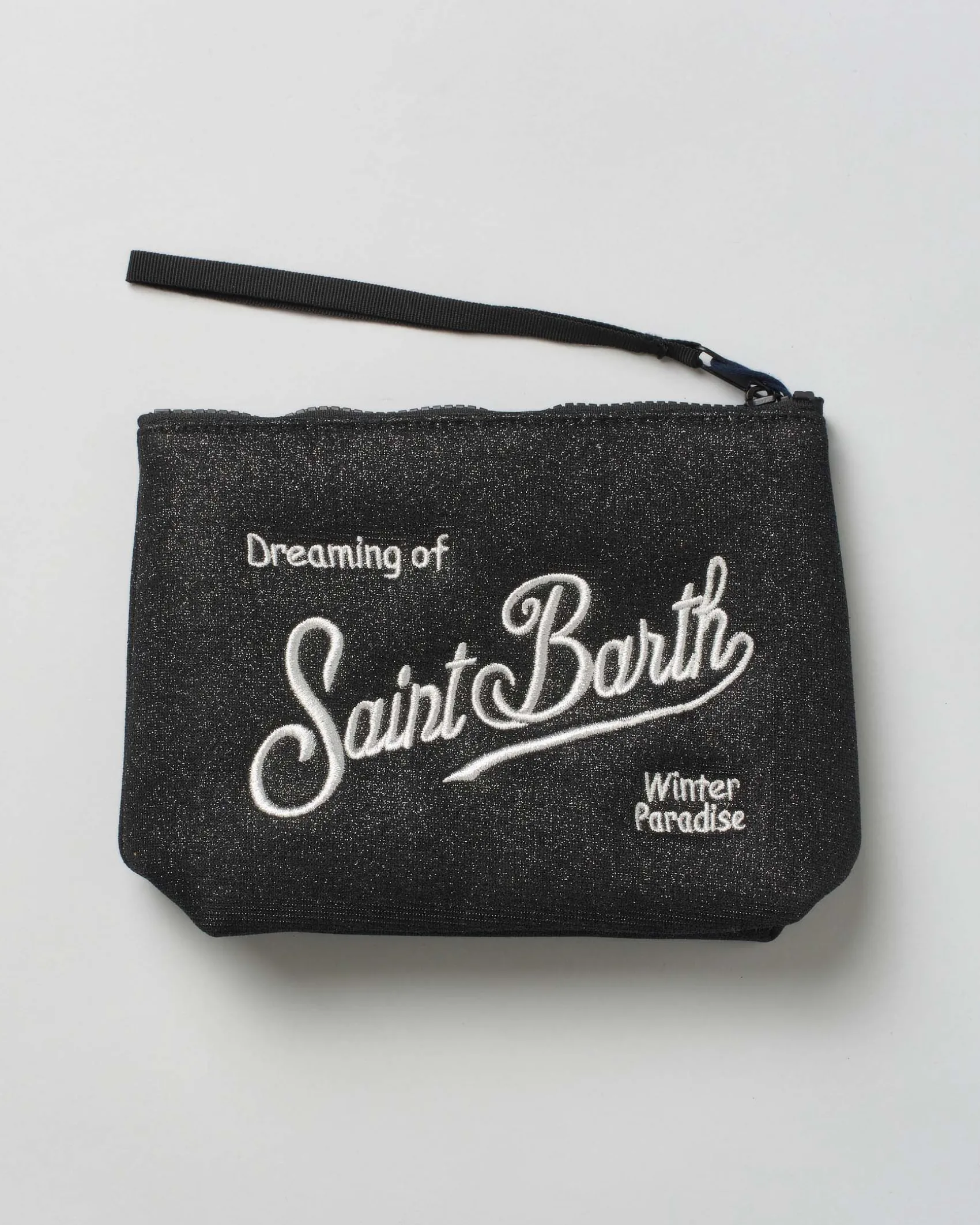 Pochette MC2 Saint Barth nera in tessuto di lurex con scritta logo ricamata a contrasto di colore