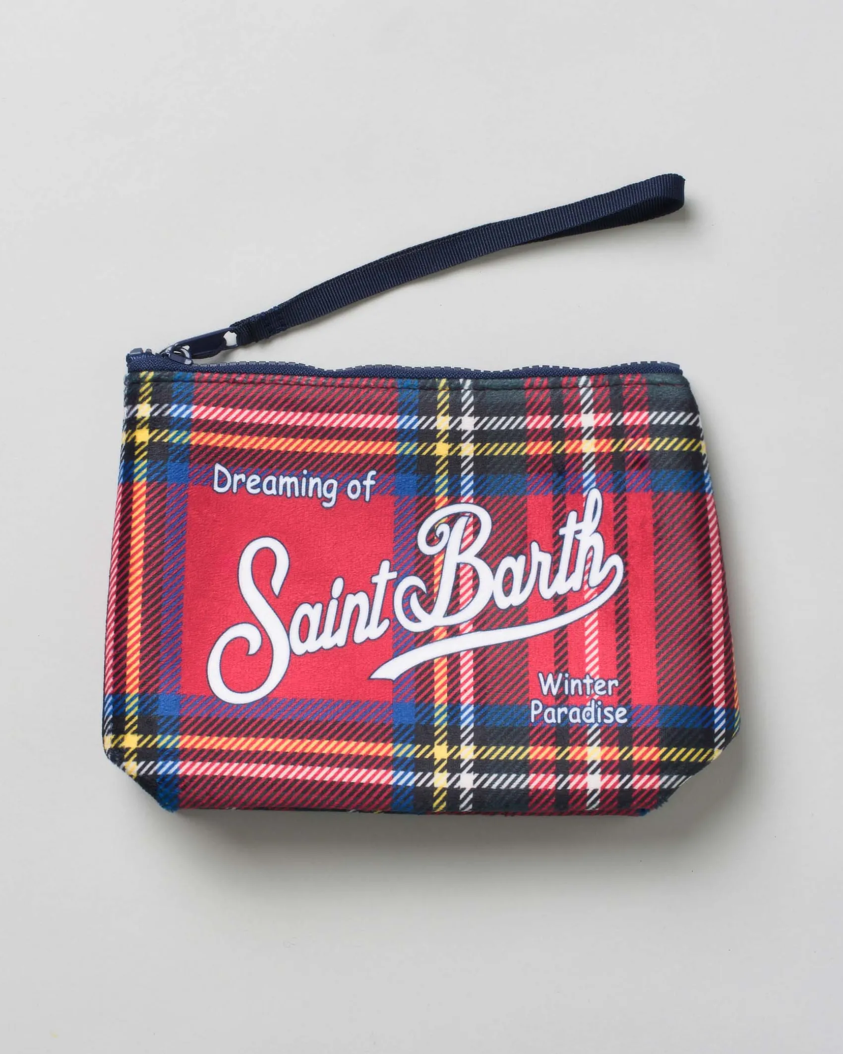 Pochette MC2 Saint Barth rossa a stampa tartan con scritta logo bianca stampata fronte e retro