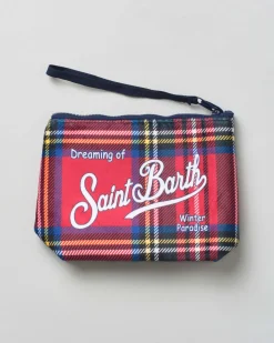 Pochette MC2 Saint Barth rossa a stampa tartan con scritta logo bianca stampata fronte e retro
