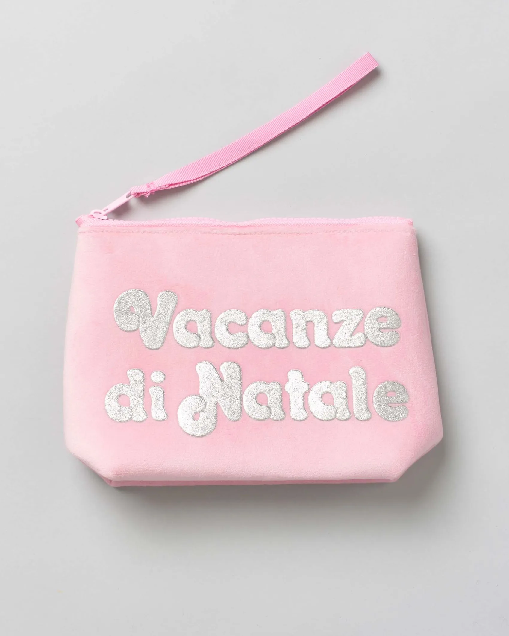Pochette MC2 Saint Barth rosa in velluco con scritta Vacanze di Natale in glitter argento