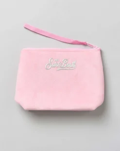 Pochette MC2 Saint Barth rosa in velluco con scritta Vacanze di Natale in glitter argento