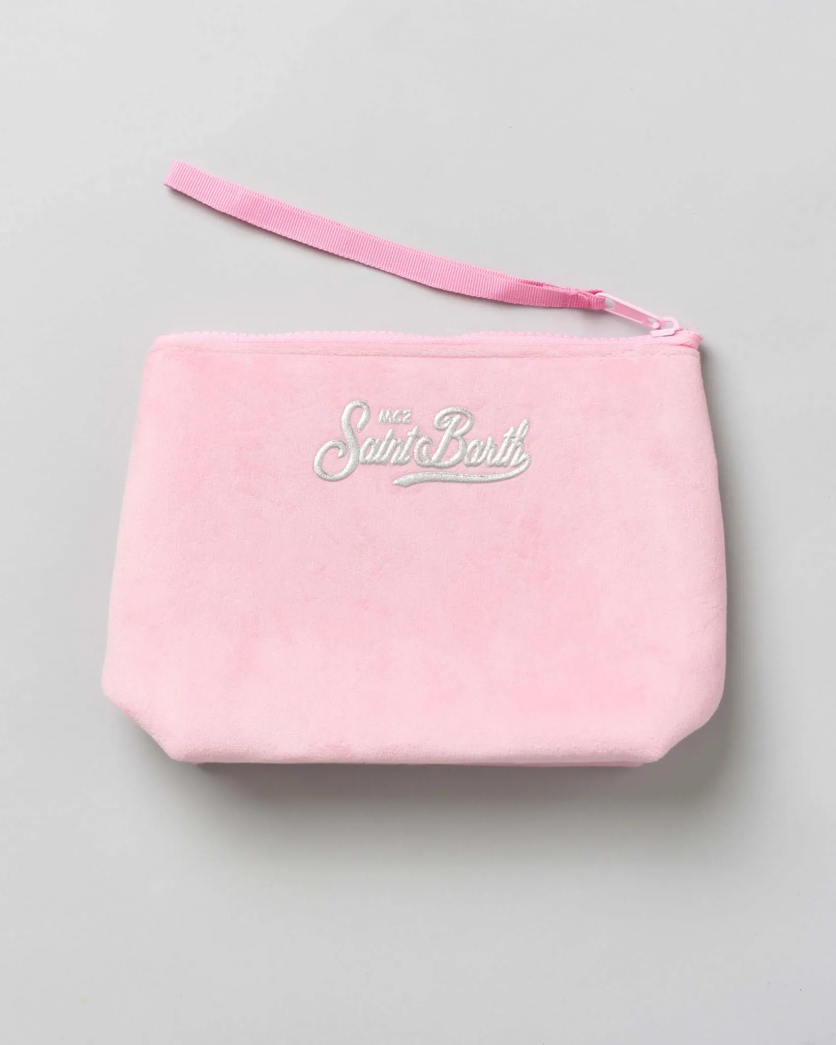 Pochette MC2 Saint Barth rosa in velluco con scritta Vacanze di Natale in glitter argento