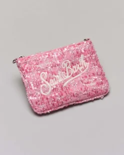 Pochette Mini Parisienne MC2 Saint Barth in tweed rosa con pailletes e logo ricamati
