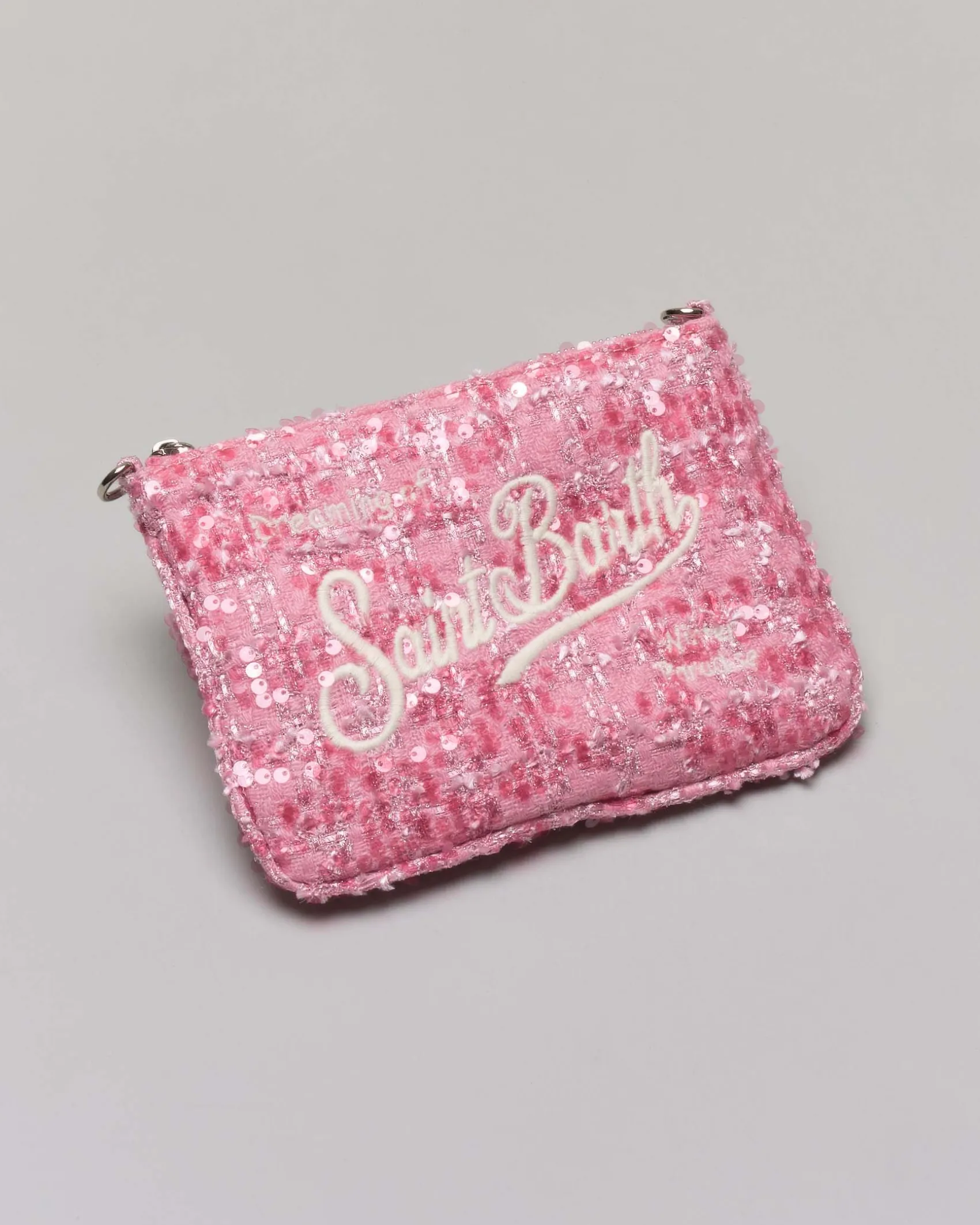Pochette Mini Parisienne MC2 Saint Barth in tweed rosa con pailletes e logo ricamati