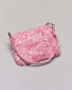 Pochette Mini Parisienne MC2 Saint Barth in tweed rosa con pailletes e logo ricamati