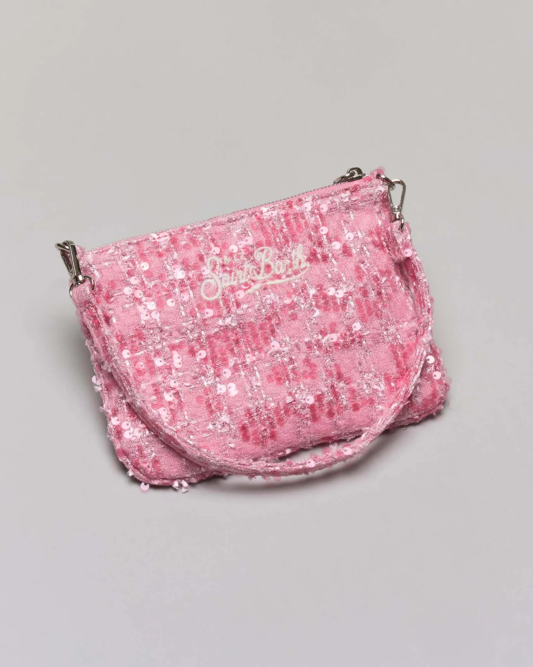 Pochette Mini Parisienne MC2 Saint Barth in tweed rosa con pailletes e logo ricamati