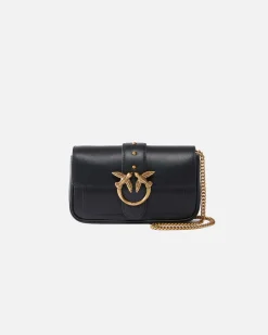 Pocket One Love Bag in pelle nera con patta di chiusura e fibbia dorata Love Birds