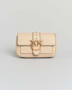 Pocket One Love Bag in pelle beige con patta di chiusura e fibbia dorata Love Birds